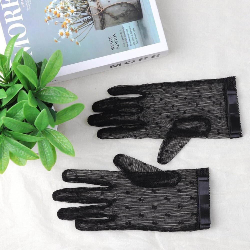 Women's Black Short Mesh Lace Gloves Polka Bow Dots Vintage Tea Party Dinner - Picture 4 of 7